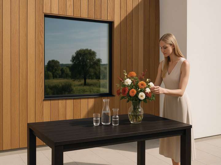 Frau steht draußen vor einem Fenster an einem Tisch mit einem Blumenstrauß in der Vase